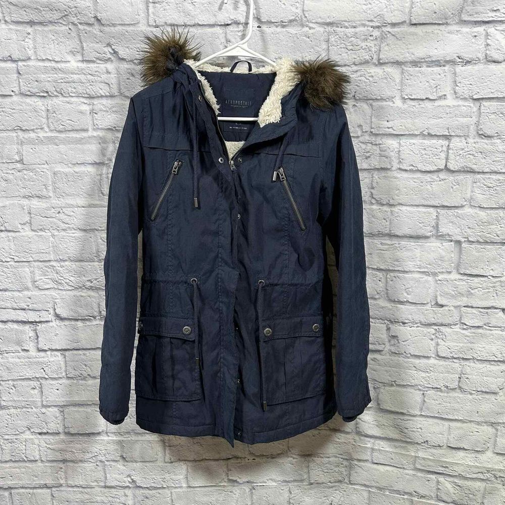 Aeropostale Blue Fuzzy Lined Utility Jacket Hooded Coat Size Medium